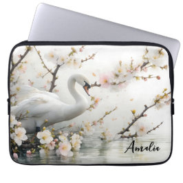 Funda Para Portátil Lago del Cisne y Flor en Acuarela
