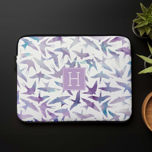 Funda Para Portátil Lavanda y aves acuáticas azules monogramadas (Subido por el creador)