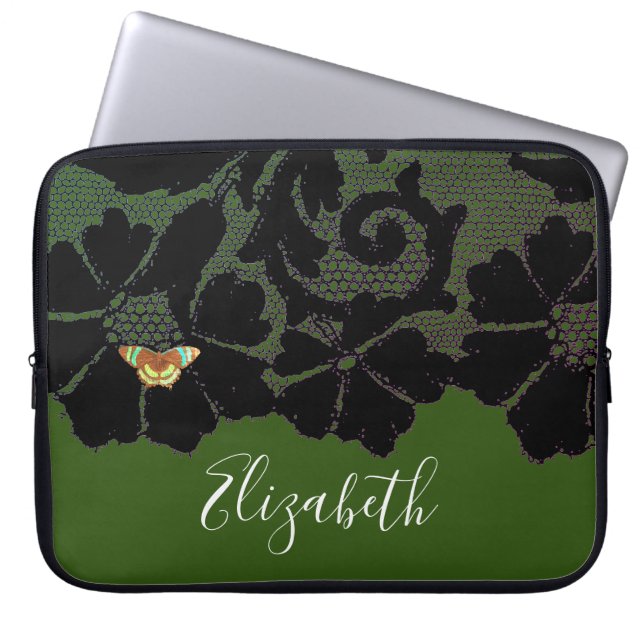 FUNDA PARA PORTÁTIL LAZO NEGRO CON MARIPOSAS EN MANO DE NEOPRENA VERDE (Frente)