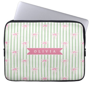 Funda Para Portátil Lazo Rosa Personalizado Coquette Preppy con Raya V