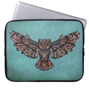 Funda Para Portátil Lechuza mosaica de colores con fondo turquesa
