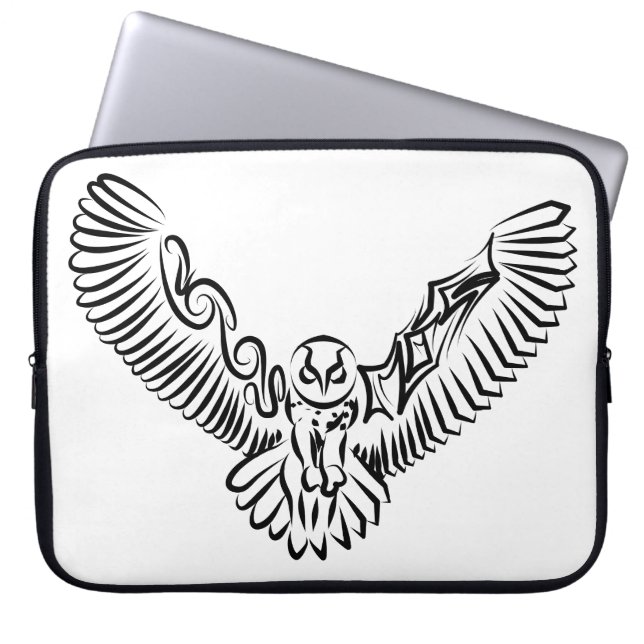 Funda Para Portátil Lechuza voladora tribal blanca y negra (Frente)