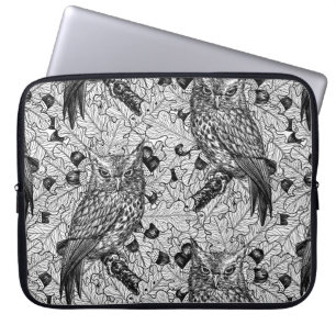 Funda Para Portátil Lechuzas en el roble, negro y blanco