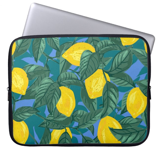 Funda Para Portátil Lemones, hojas: patrón cítrico tropical. (Frente)