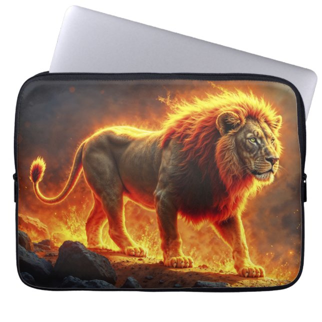 Funda Para Portátil León de llamas quemando volcán fuego arte de fanta (Frente)