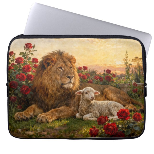 Funda Para Portátil León y Cordero en las Rosas (Frente)