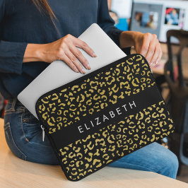 Funda Para Portátil Leopard Print, Gold Leopard, Purpurina, tu nombre
