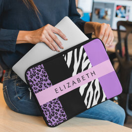 Funda Para Portátil Leopard Print, Zebra Print, Purple, Tu Nombre