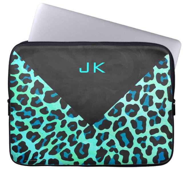 Funda Para Portátil Leopardo negro e impresión Verde azulada (Frente)