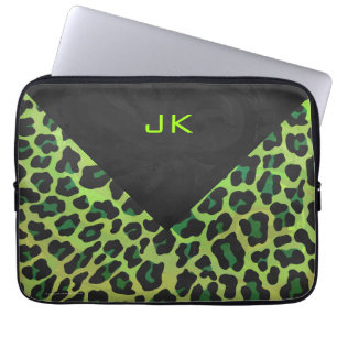 Funda Para Portátil Leopardo negro y verde con monograma