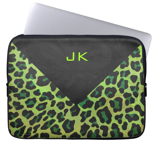 Funda Para Portátil Leopardo negro y verde con monograma (Frente)