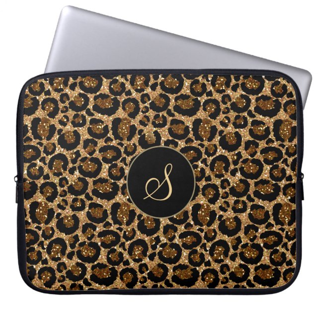 Funda Para Portátil Leopardo Purpurina de burla de moda con monograma (Frente)