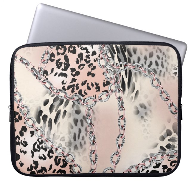 Funda Para Portátil Leopardo textil: Patrón de cadena floral. (Frente)