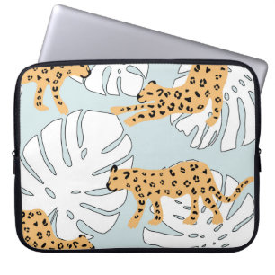 Funda Para Portátil Léopardo tropical animal y hojas de palma de monst