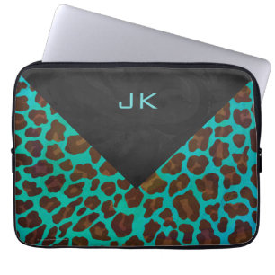 Funda Para Portátil Leopardo Verde azulado y marrón monograma