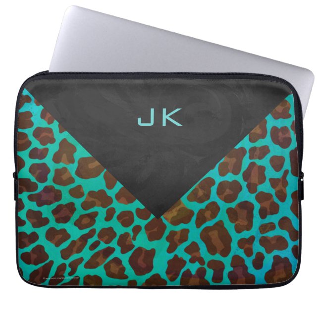 Funda Para Portátil Leopardo Verde azulado y marrón monograma (Frente)