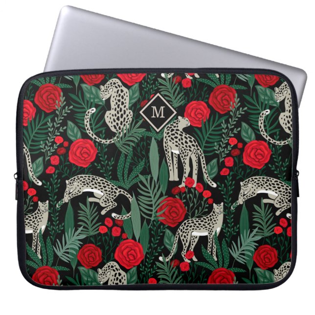 Funda Para Portátil Leopardos y monograma del patrón tropical exótico (Frente)