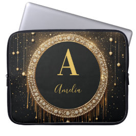 Funda Para Portátil Letra de Monograma con Brillo Negro con Nombre Per