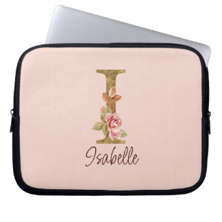 Funda Para Portátil Letra de nombre personalizado I Rosas rosadas con