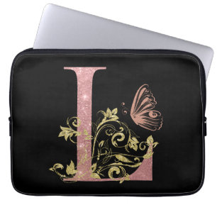 Funda Para Portátil Letra rosa Purpurina floral L