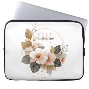 Funda Para Portátil Leyenda floral elegante rosa y dorada, nombre pers