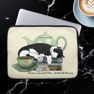 Funda Para Portátil Libros Acogedores Gato Esmoquin Té Tetera Verde Li