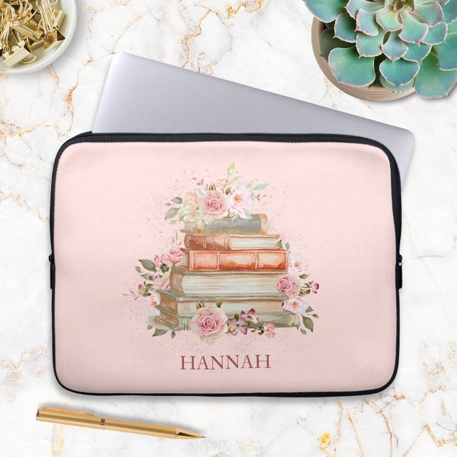 Funda Para Portátil Libros monogramados y rosas rosadas antiguas (In situ)
