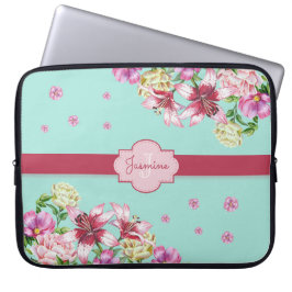 Funda Para Portátil Lily y Peony Floral Aqua