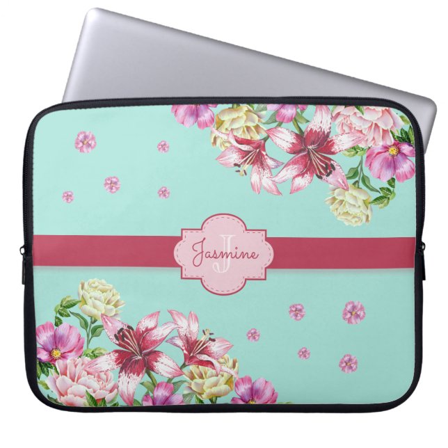 Funda Para Portátil Lily y Peony Floral Aqua (Frente)