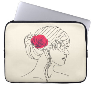 Funda Para Portátil Línea continua de mujer con rosa rojo en el pelo