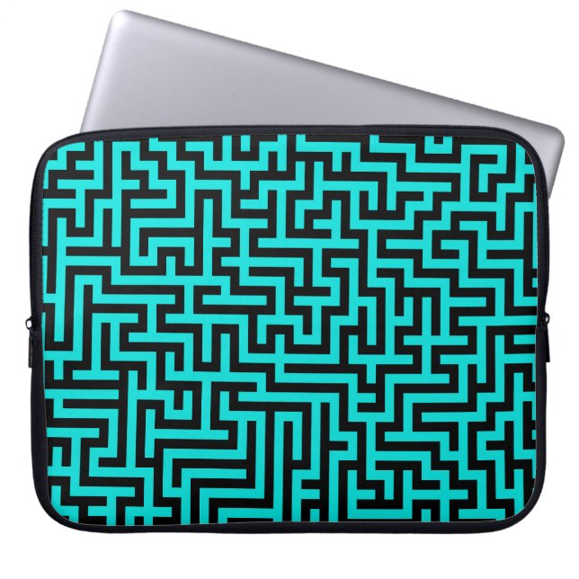 Funda Para Portátil Líneas de Laberinto Negro Turquesa (Frente)