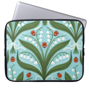 Funda Para Portátil Lirio de los valles y mariquitas simetría en verde