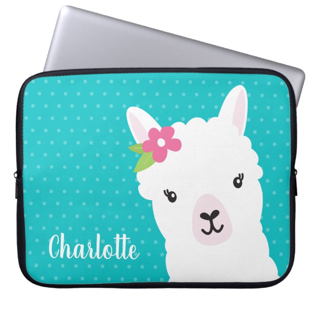 Funda Para Portátil Llama floral alpaca Verde azulada personalizada (Frente)