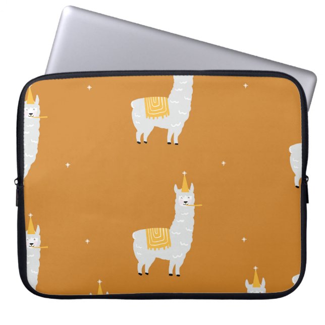 Funda Para Portátil Llama, fondo naranja: patrón de cumpleaños. (Frente)