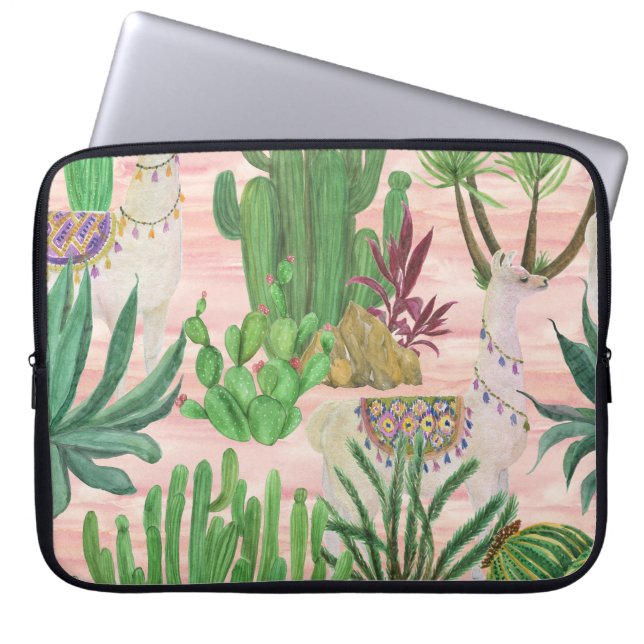 Funda Para Portátil Llamas acuarelas y patrones de cactus. (Frente)
