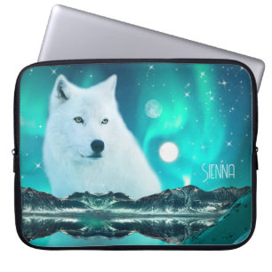 Funda Para Portátil Lobo ártico por la noche con luces del norte
