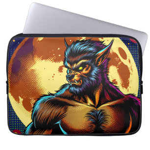 Funda Para Portátil Lobo estepario al estilo cómic delante de la luna