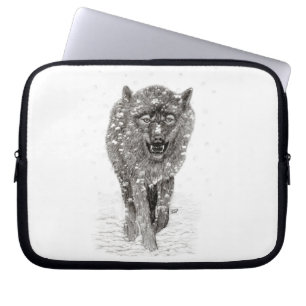 Funda Para Portátil Lobo negro enojado en la nieve, invierno salvaje