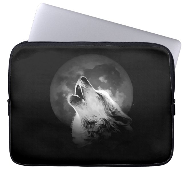 Funda Para Portátil Lobo negro y blanco de la luna (Frente)