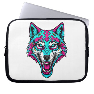 Funda Para Portátil Lobo Neon Cyberpunk - Animal Robótico Synthwave
