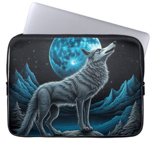 Funda Para Portátil Lobo parado frente a la luna llena   Arte de IA