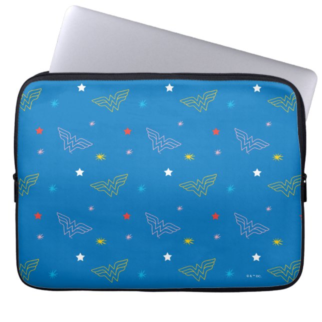 Funda Para Portátil Logotipo de Wonder Woman y estrellas patrón azul (Frente)