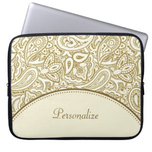 Funda Para Portátil Lujo dorado e Ivory Paisley Damask con nombre