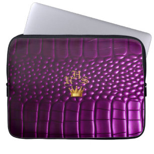 Funda Para Portátil Lujo Vivid Purple Faux Crocodile Monogrammed