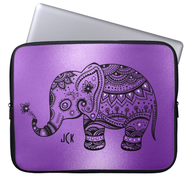 Funda Para Portátil Luminoso fondo morado elefante tribal negro (Frente)