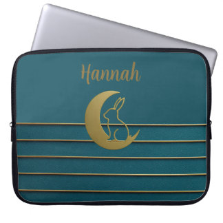 Funda Para Portátil Luna Dorada y Conejo Verde azulado