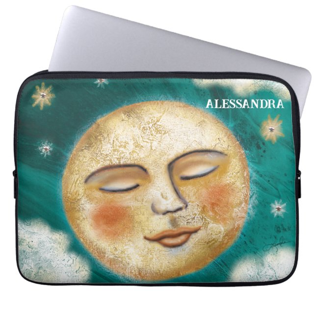 Funda Para Portátil Luna durmiente con estrellas Verde azuladas person (Frente)