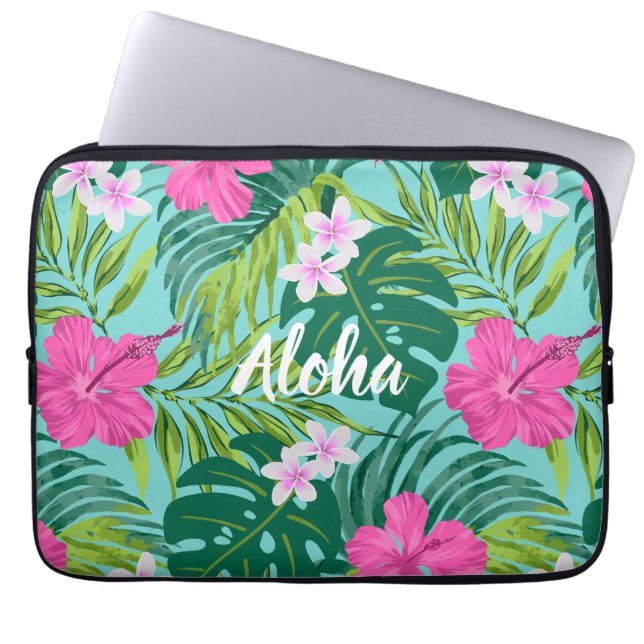 Funda Para Portátil Luna Hibiscus Garden Hawaiian - Rosa y Turq (Frente)