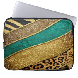 Funda Para Portátil Luxury Emerald & Gold Safari Leopard Zebra Glitter