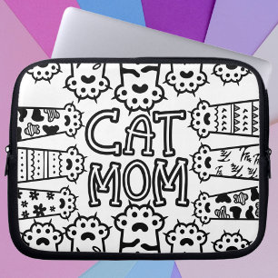 Funda Para Portátil Madre de gato blanco y negro con patas para gatos